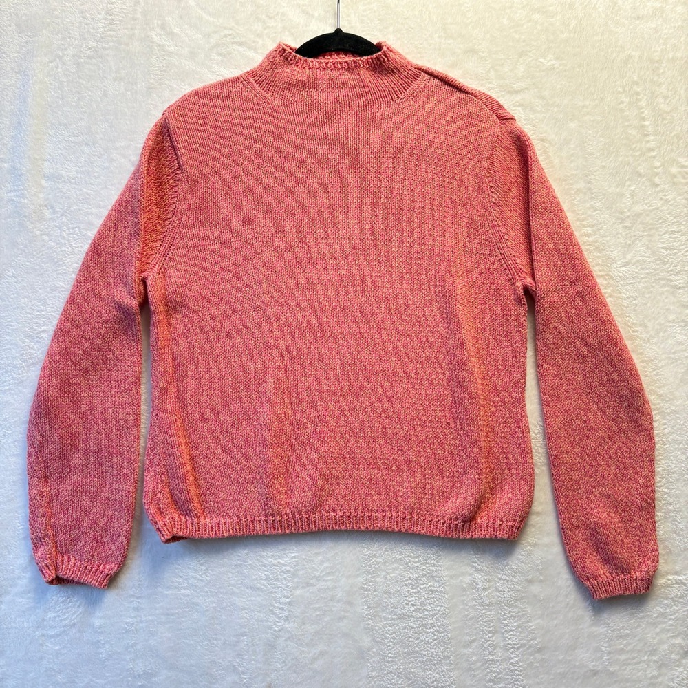 Vtg Talbots Sweater Women Sz Large Coral Pink Marled Mock Neck Cotton Blend Knit